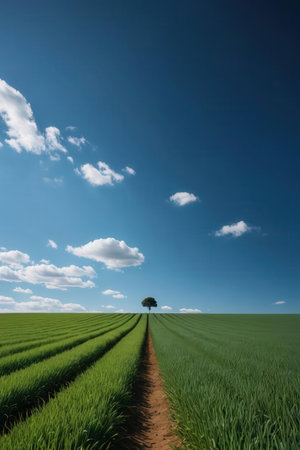 Lonely tree in a green field with blue sky and cloudsの素材