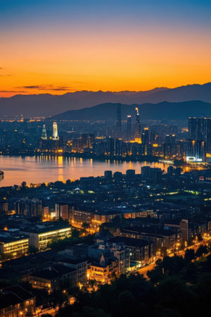 Aerial view of hong kong city skyline at dusk.の素材