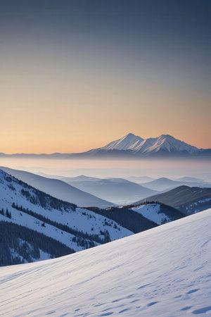 Beautiful winter landscape with snow covered mountains at sunset. Carpathian, Ukraine, Europe.の素材