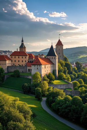 Sunset view of the medieval fortified city of Bratislava, Slovakiaの素材