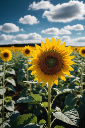 Sunflower field with blue sky and white clouds. Sunflower natural background.の素材