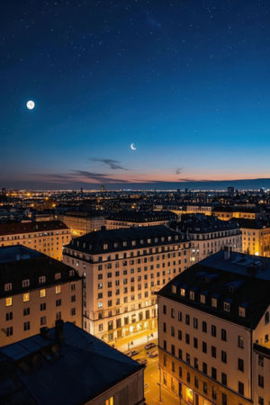 Aerial view of the city of Munich at night, Germany.の素材