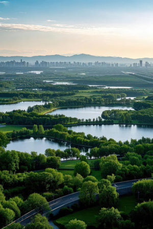 Aerial view of the city and lake in Hangzhou, Chinaの素材