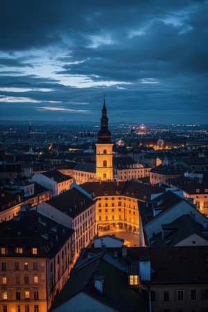 Aerial view of the city of Turin at night, Italyの素材