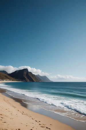 Beach in South Africa with mountains in the background and blue skyの素材