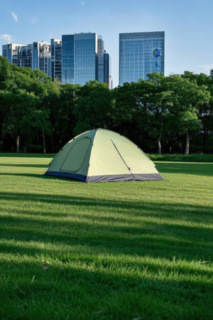 Camping tent on green grass in city park with skyscrapersの素材