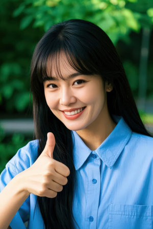 Portrait of a beautiful young asian woman smiling and showing thumbs upの素材