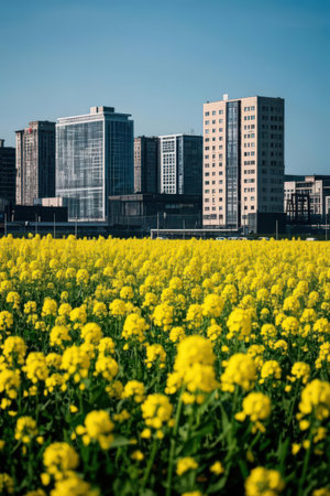 Rape blossoms and high-rise buildings in Frankfurt, Germanyの素材