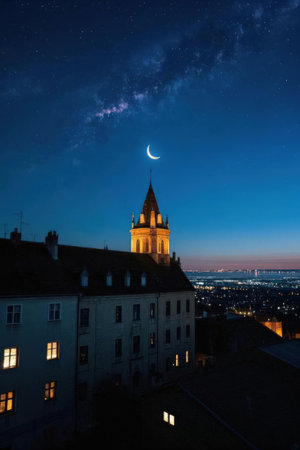 Night view of the Old Town of Tallinn, Estonia, with a crescent moon in the foreground.の素材
