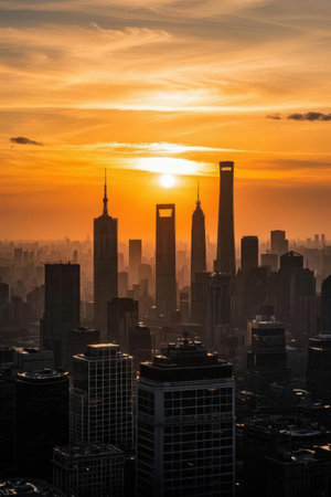Shanghai skyline at sunset, China. Shanghai is the capital of China.の素材