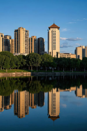 Urban landscape with lake and high buildings in the evening, China.の素材
