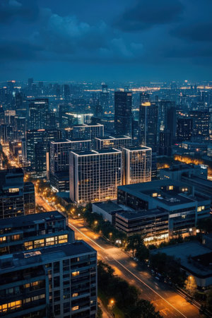 Aerial view of modern city at night, Beijing, China.の素材