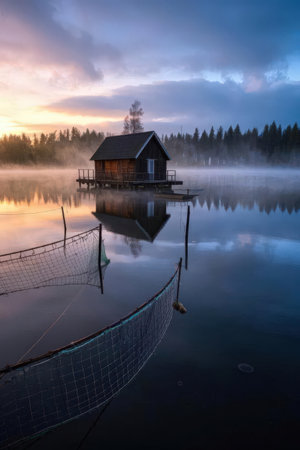 Foggy morning on the lake. Wooden house on the lake.の素材