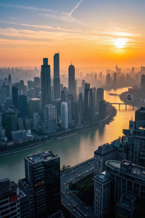 Shanghai skyline at sunset, China. Shanghai is the financial center of China.の素材