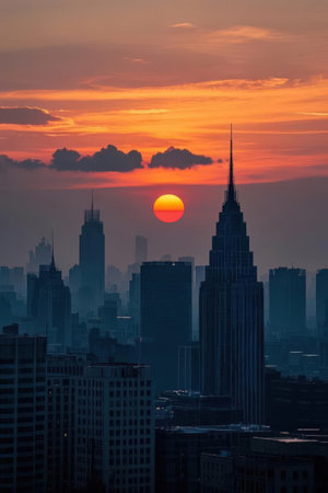 Beautiful sunrise over the New York City Manhattan skyline with Empire State Buildingの素材