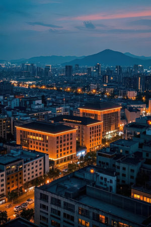 Aerial view of the city of Seoul in South Korea at duskの素材