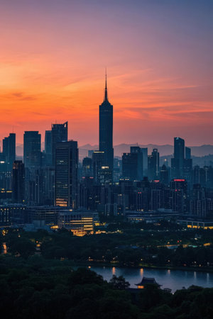 Shanghai skyline at sunset, China. Shanghai is the capital of China.の素材