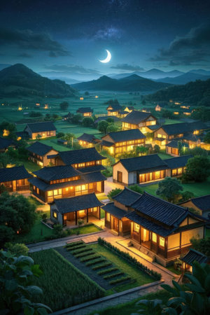Houses in the mountains at night with full moon and stars.の素材