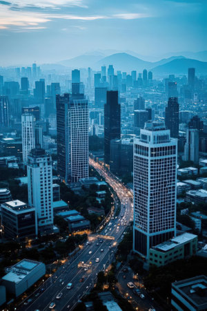 Aerial view of Shenzhen city skyline at night, China.の素材