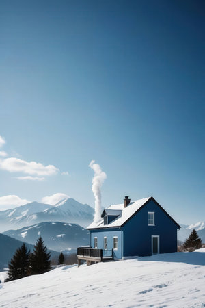 Beautiful winter landscape in the mountains with a blue house and chimneyの素材