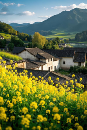 Rape blossoms and old houses in the countryside of South Tyrol, Italyの素材