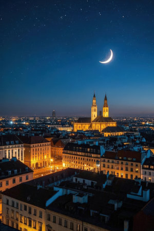 Aerial view of the city of Munich at night, Bavaria, Germanyの素材