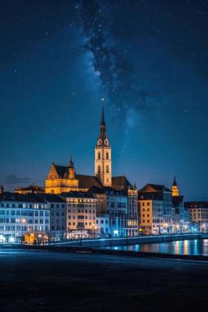 Panoramic view of Zurich at night, Switzerland. Long exposure.の素材