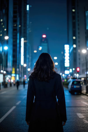 Woman walking in the street at night in Hong Kong, China.の素材