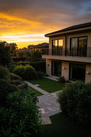 Sunset in a residential area with a garden and a walkwayの素材