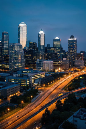 View of charlotte north carolina skyline at dusk with light trailsの素材