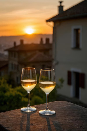 Two glasses of white wine on a terrace at sunset in Piedmont, Italyの素材
