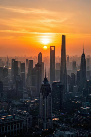 Aerial view of shanghai skyline at sunset,China.の素材