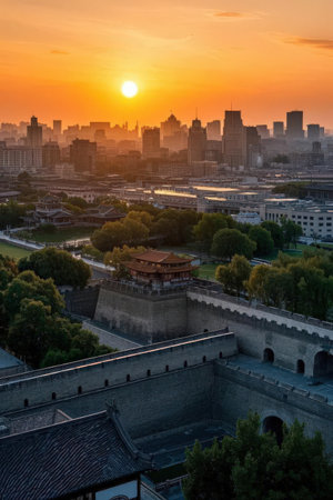 Aerial view of the city of Beijing at sunset, China.の素材