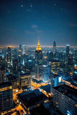 Aerial view of Frankfurt am Main skyline at night, Germany.の素材