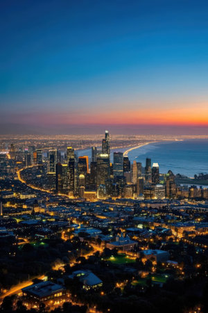 Aerial view of Chicago skyline at sunset, Illinois, USA.の素材