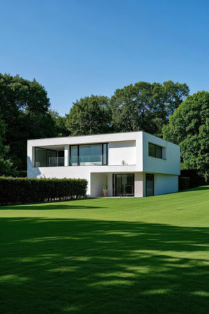 Modern house with green grass and blue sky in background. Nobody insideの素材