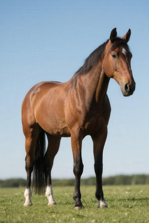 Portrait of a bay horse standing in the field with blue skyの素材