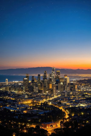 Skyline of downtown Los Angeles at night, California, USA.の素材