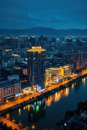 Aerial view of Seoul city at night, South Korea, Asiaの素材