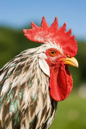 Portrait of a rooster with a red comb on a green backgroundの素材