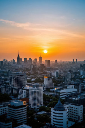 Bangkok city skyline at sunset, Thailand. Bangkok is the capital and largest city of Thailand.の素材