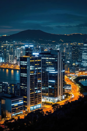 Hong Kong cityscape at night. Hong Kong is the most densely populated of the five boroughs of Hong Kong.の素材