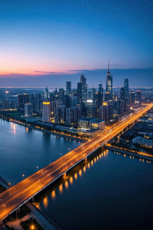 Aerial view of Shanghai skyline at night, China. Shanghai is the capital city of China.の素材