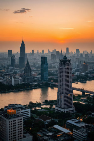 Aerial view of Bangkok cityscape at sunset time, Thailand.の素材