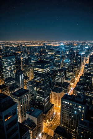 Aerial view of Manhattan at night, New York City, USA.の素材