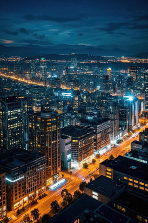 Aerial view of the city of Seoul at night, South Korea.の素材