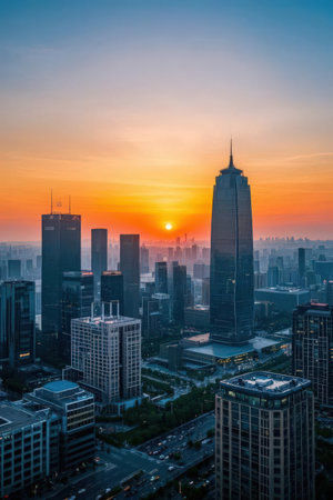 Aerial view of shanghai city skyline with skyscrapers at sunsetの素材