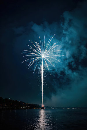 Colorful fireworks of various colors over night sky with reflection in waterの素材