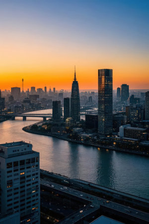 Shanghai skyline with Huangpu River at sunset, China.の素材
