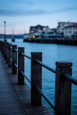 Wooden pier in the evening. Blurred background. Toned.の素材